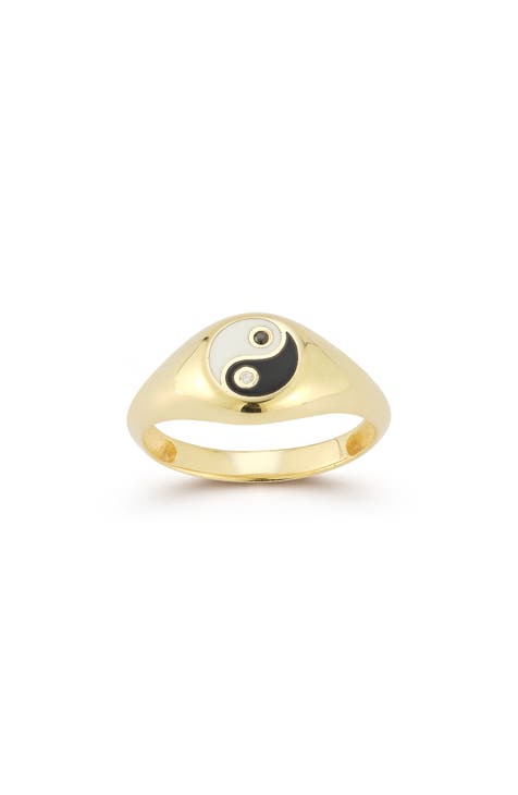 Anillo de sello Yin y Yang CZ bañado en oro de 14 quilates