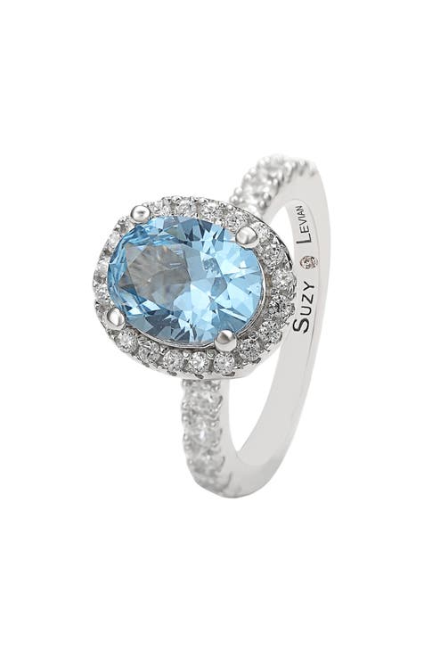 Anillo de compromiso CZ azul talla oval de plata de ley