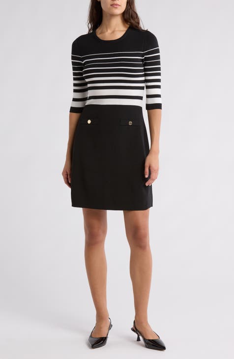 Vestido tipo suéter teñido de hilo con manga tres cuartos a rayas