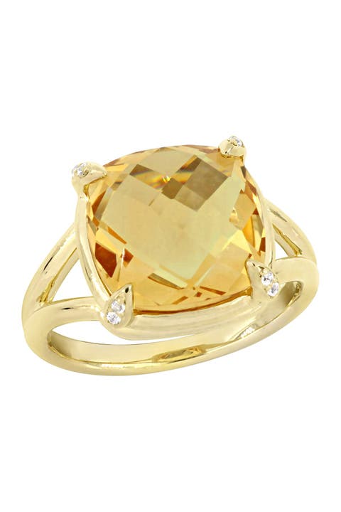 Anillo con vástago de piedra de citrino y topacio blanco, de plata de ley chapada en oro amarillo