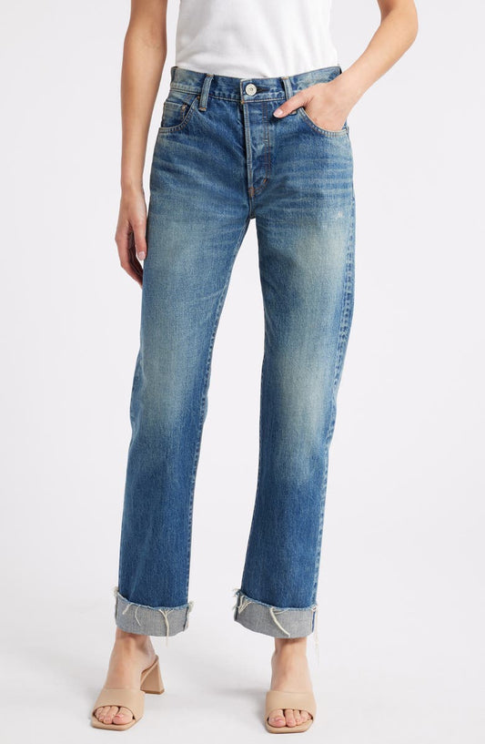 Hopewell High Waist Cuffed Raw Hem Straight Leg Jeans