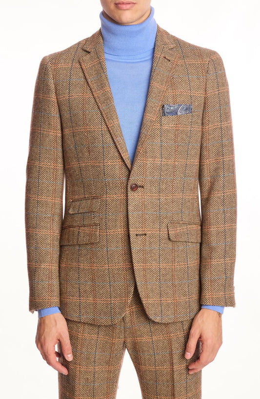 Dover Slim Fit Brown Herringbone Wool Blend Blazer (Regular & Big)