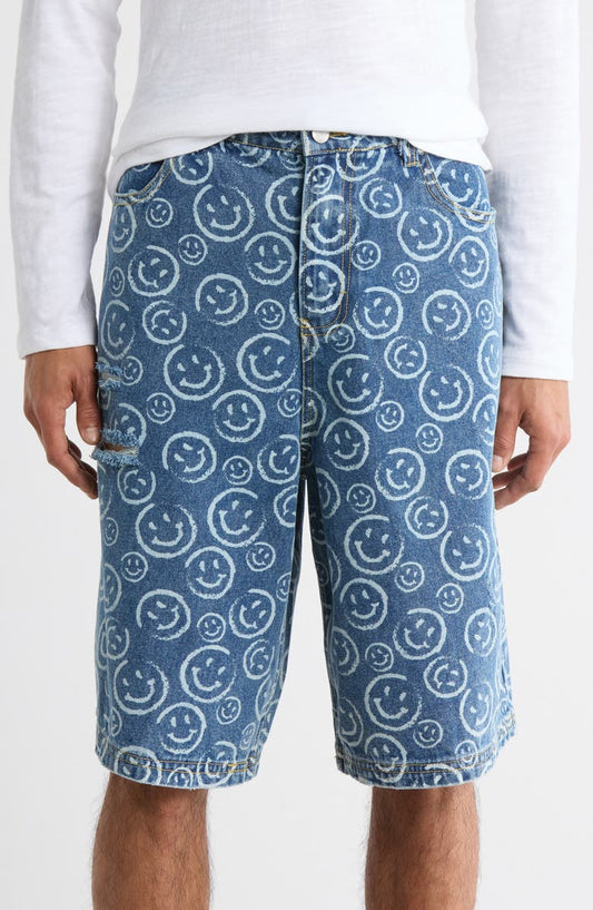 Smiley Face Long Denim Shorts