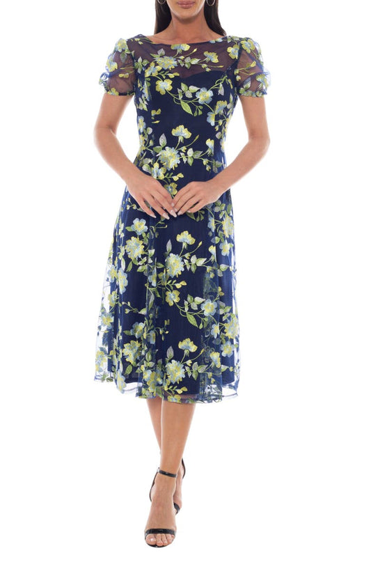 Floral Embroidered Mesh A-Line Midi Dress