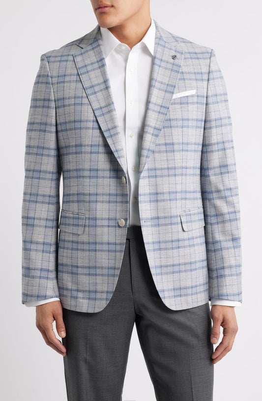 Hutson Slim Fit Slub Grey & Blue Plaid Sport Coat