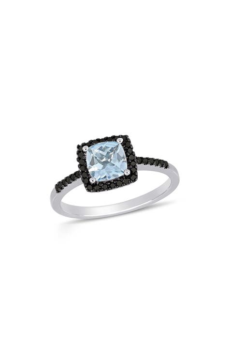 Anillo Aguamarina talla cojín y Diamante Negro