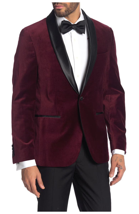 Burgundy Shawl Collar Single Button Velvet Suit Separate Sport Coat