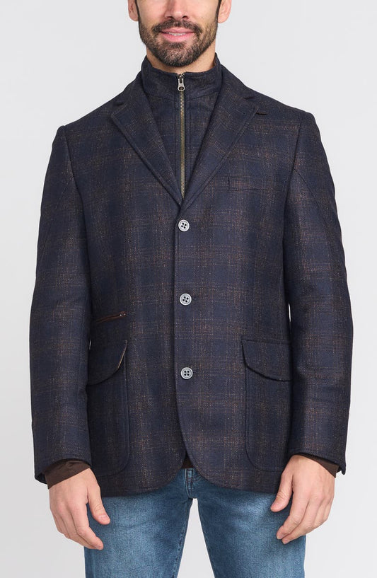 Blue Plaid Wool Hybrid Sport Coat with Removable Bib