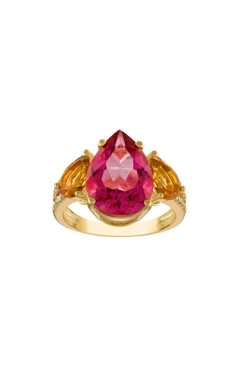 Anillo de Oro 14K sobre Plata Topacio Rosa, Citrino y Diamante
