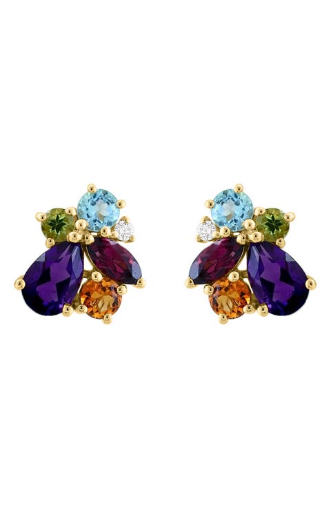 14K Gold Diamond & Amethyst Cluster Stud Earrings