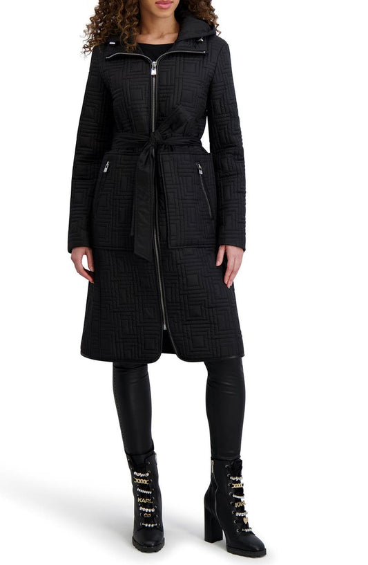 Hooded Belted Quilted Zip Jacket