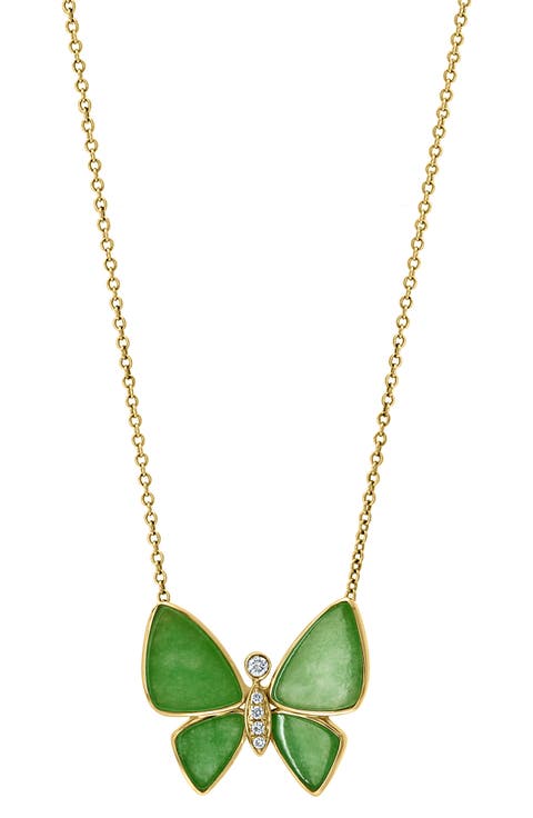 Jade & Diamond Butterfly Pendant Necklace - 0.04ct.