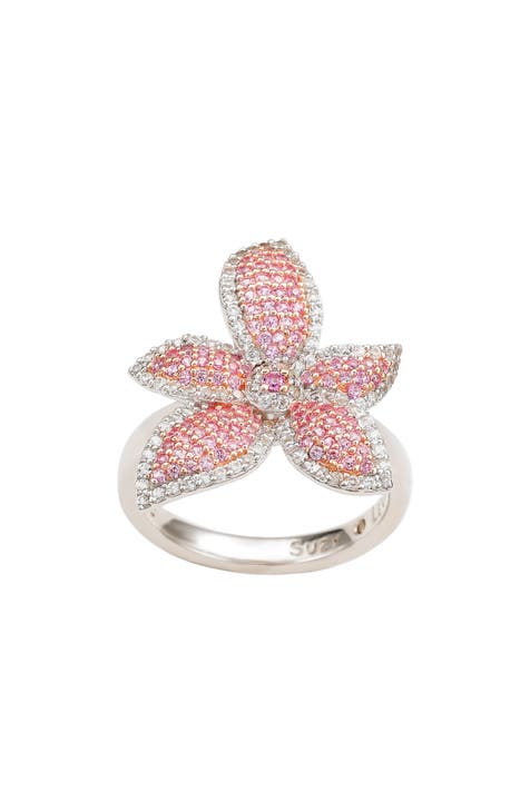Anillo Flor Zafiro Rosa y Zafiro Blanco