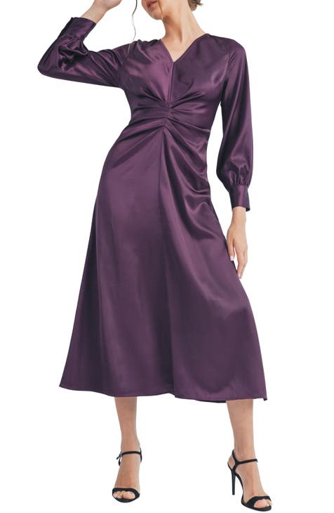 Vestido midi de satén de manga larga