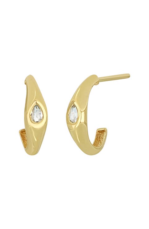 14K Yellow Gold White Topaz Hoop Earrings