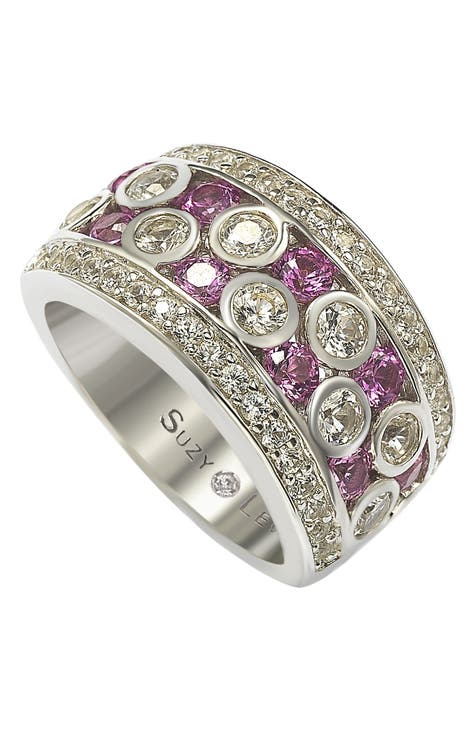 Anillo de plata de ley chapado en oro amarillo de 18 quilates con acento de diamantes zafiro rosa y blanco - 0,02 ctw