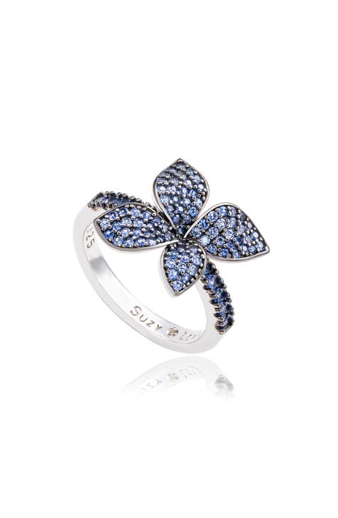 Anillo Flor Pavé Zafiro Azul Plata de Ley