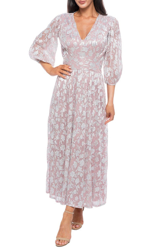 Floral Balloon Sleeve Plissé Dress
