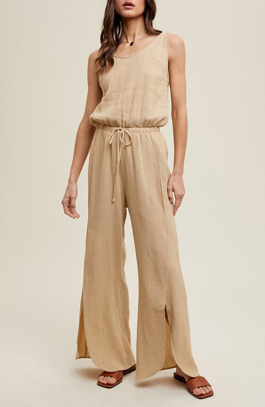 Cotton Gauze Slit Wide Leg Jumpsuit