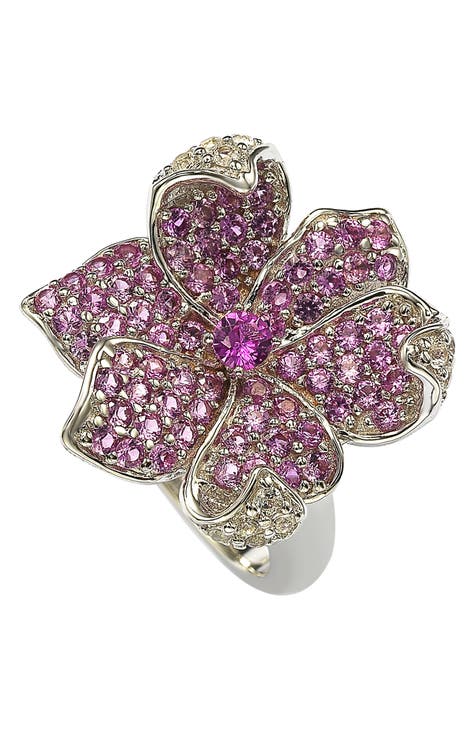 Anillo Flor de Plata de Ley y Zafiro Rosa