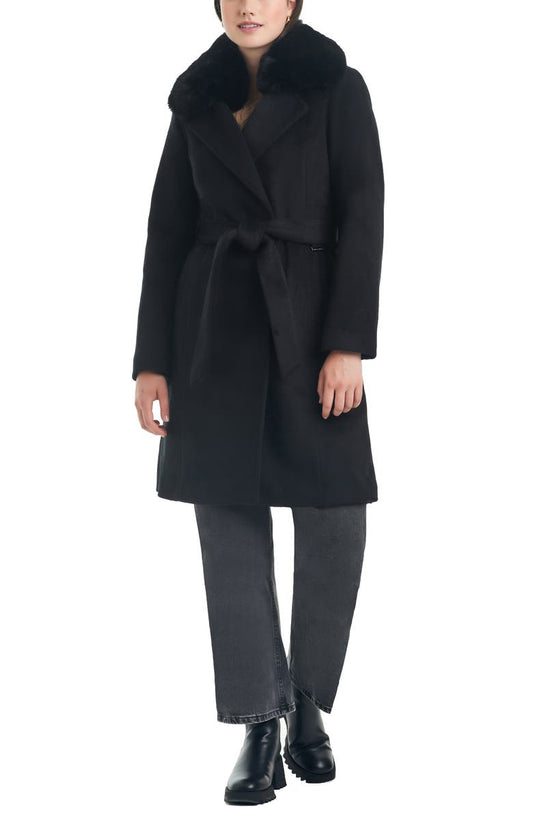 Belted Coat with Removable Faux Fur Collar