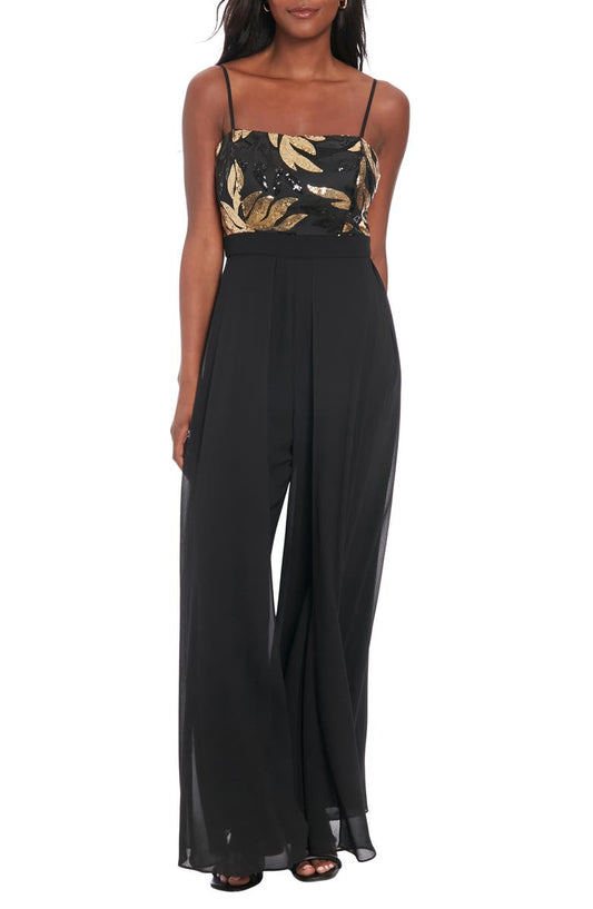 Sequin Leaf Overlay Wide Leg Jumpsuit