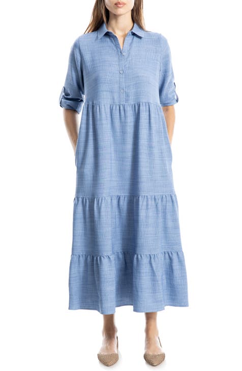 Vestido camisero de gasa de manga larga escalonado