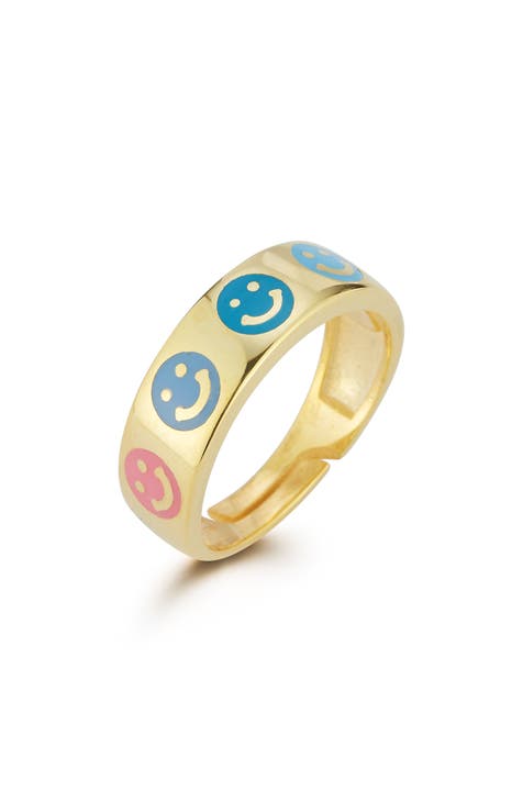 Anillo ajustable con cara sonriente esmaltada bañado en oro de 14 quilates