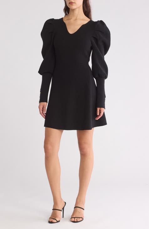 Minivestido estilo suéter de canalé de manga larga abullonada