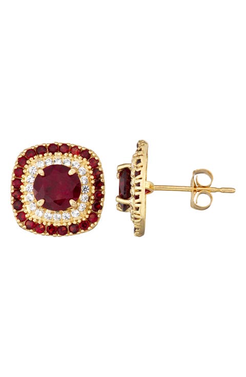 10K Gold Garnet & Lab Grown White Sapphire Stud Earrings