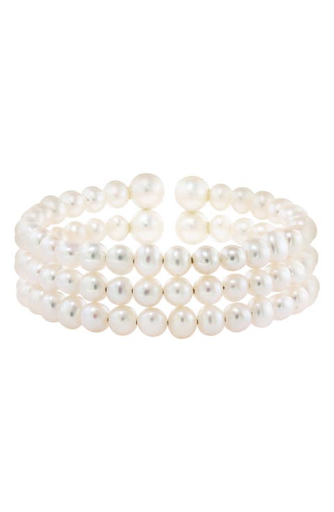 Sterling Silver 5.5–8.5mm Freshwater Pearl Triple Row Cuff Bracelet