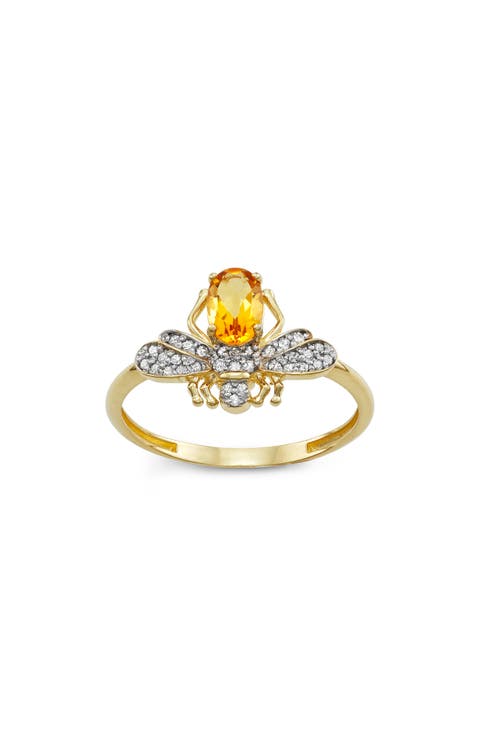 10K Gold Citrine & Diamond Dragonfly Ring - 0.124ct.