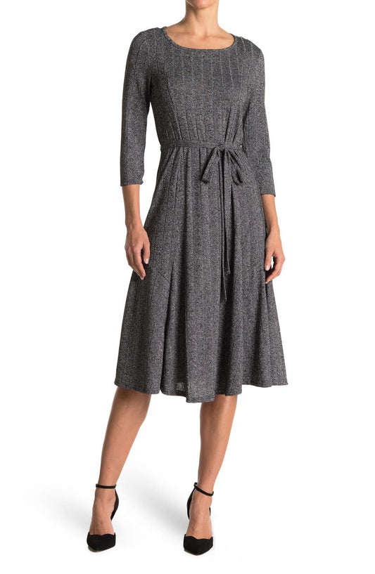 Three-Quarter Sleeve A-Line Metallic Ribbed Midi Dress