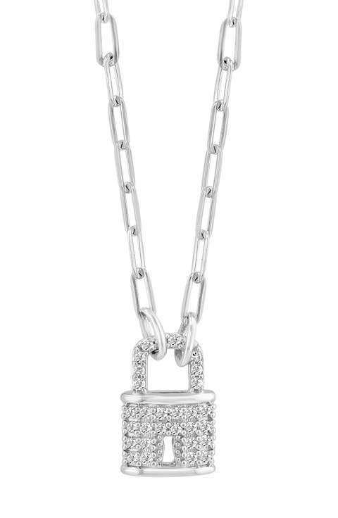 Sterling Silver Diamond Padlock Pendant Necklace - 0.14 ctw
