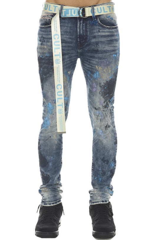 Punk Super Skinny Stretch Jeans with Web Belt (Abstract)