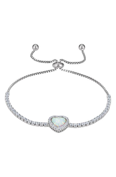 Sterling Silver Created Opal Heart Charm Bracelet