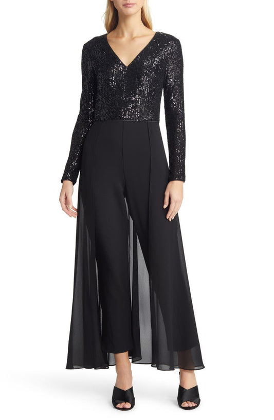 Sequin Bodice Long Sleeve Overlay Jumpsuit