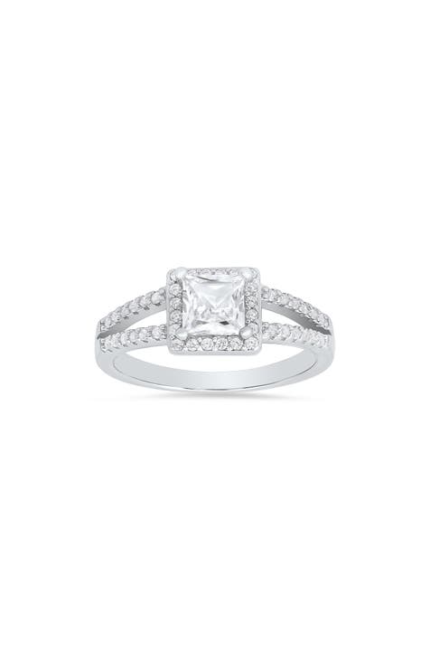 Anillo de plata de ley con halo de circonitas talla princesa