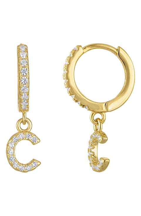 Pavé Cubic Zirconia Initial Huggie Drop Earrings
