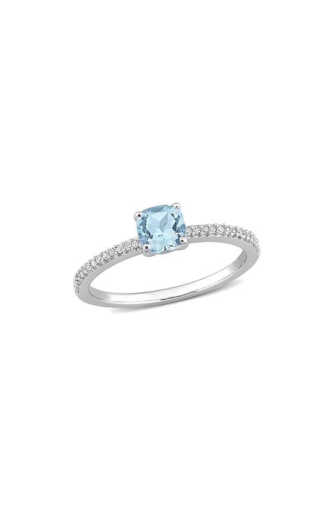 Anillo de Topacio Azul Cielo y Diamante talla cojín