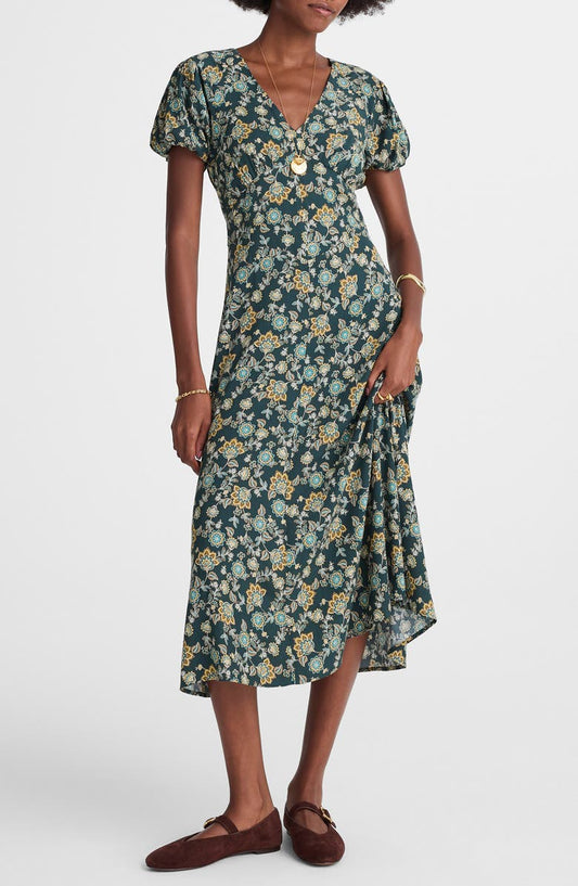 Floral Seamed Puff Sleeve Midi Dress