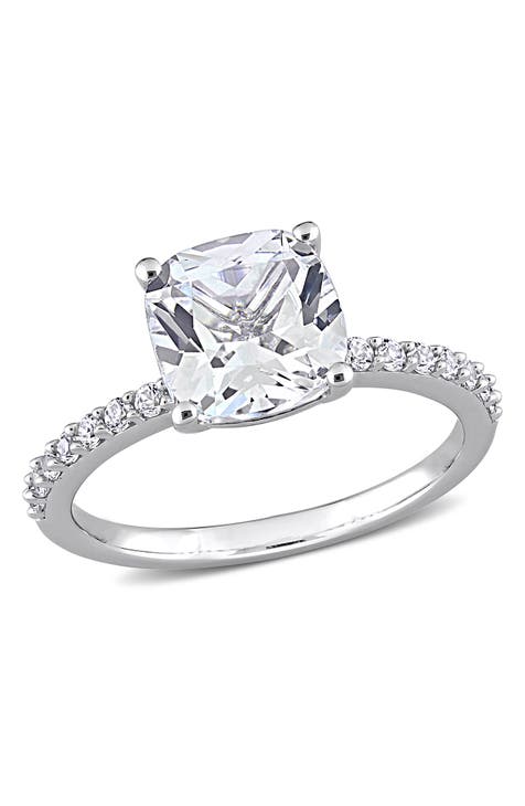 Anillo solitario de zafiro blanco creado en oro blanco de 10 quilates, talla cojín