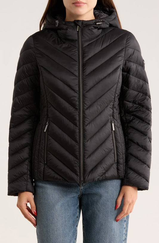 Hooded Packable Chevron Quilted Jacket