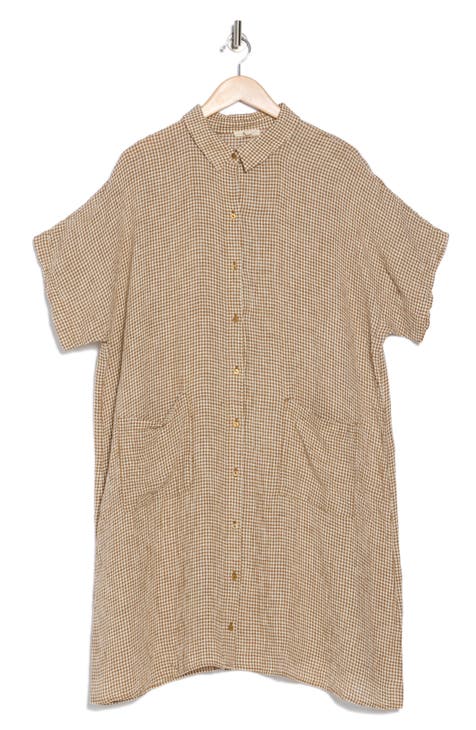 Vestido abotonado de lino orgánico a cuadros (Plus)