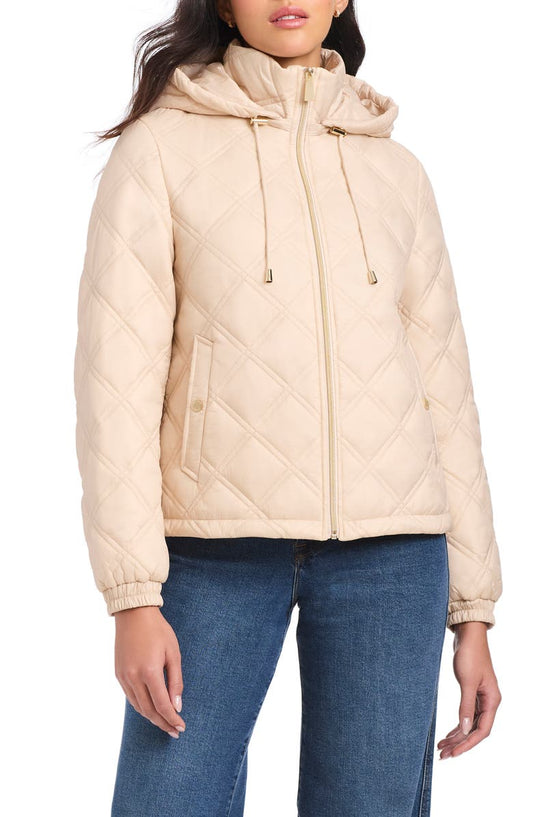 water resistant diamond quilted hooded jacket