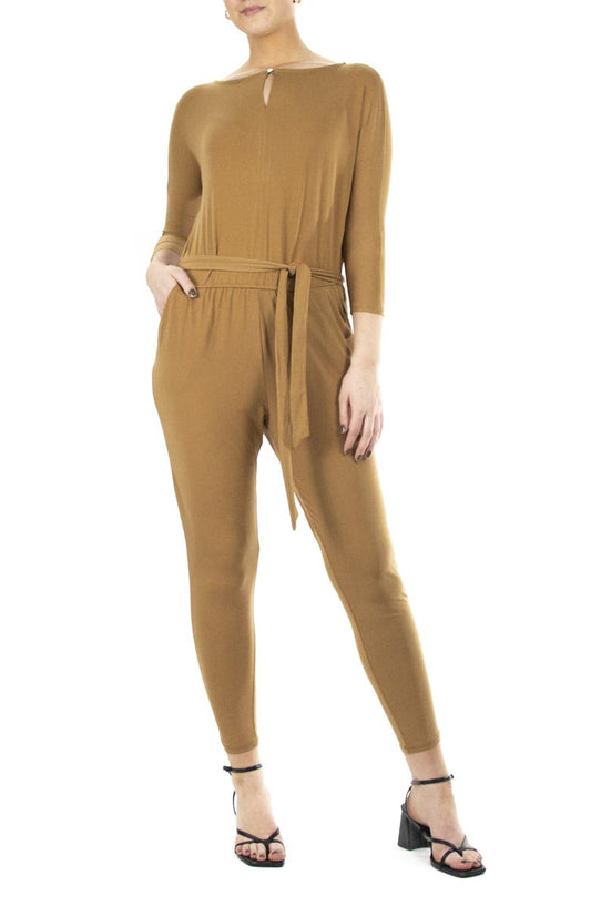 Three-Quarter Length Sleeve Waist Tie Jumpsuit