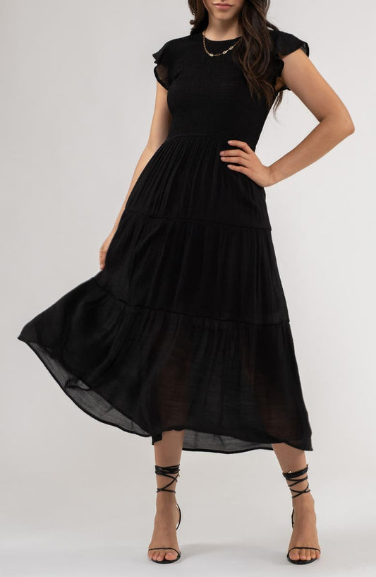 Flutter Sleeve Smocked Tiered Midi Dress