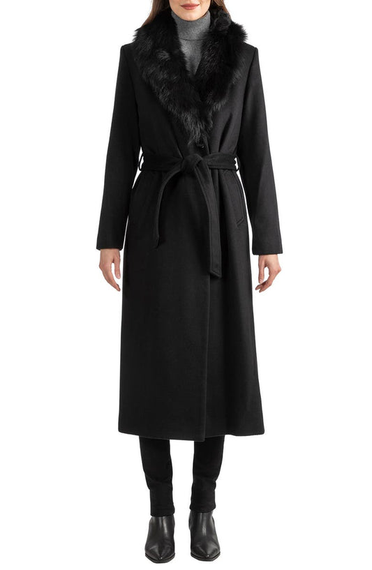 Toscana Genuine Shearling Collar Wool Blend Coat