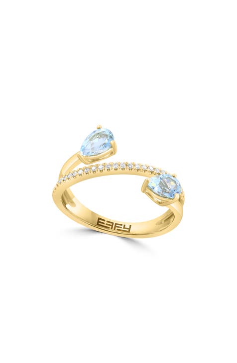 Anillo Envolvente de Oro de 14K con Diamantes y Aguamarina