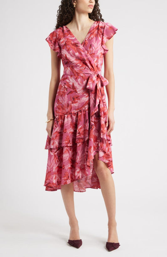 Flutter Sleeve Faux Wrap Midi Dress
